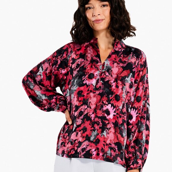 NEW Nic+Zoe Glowing Garden Colorful Silky Floral Popover Top- Size 1X - Picture 1 of 6